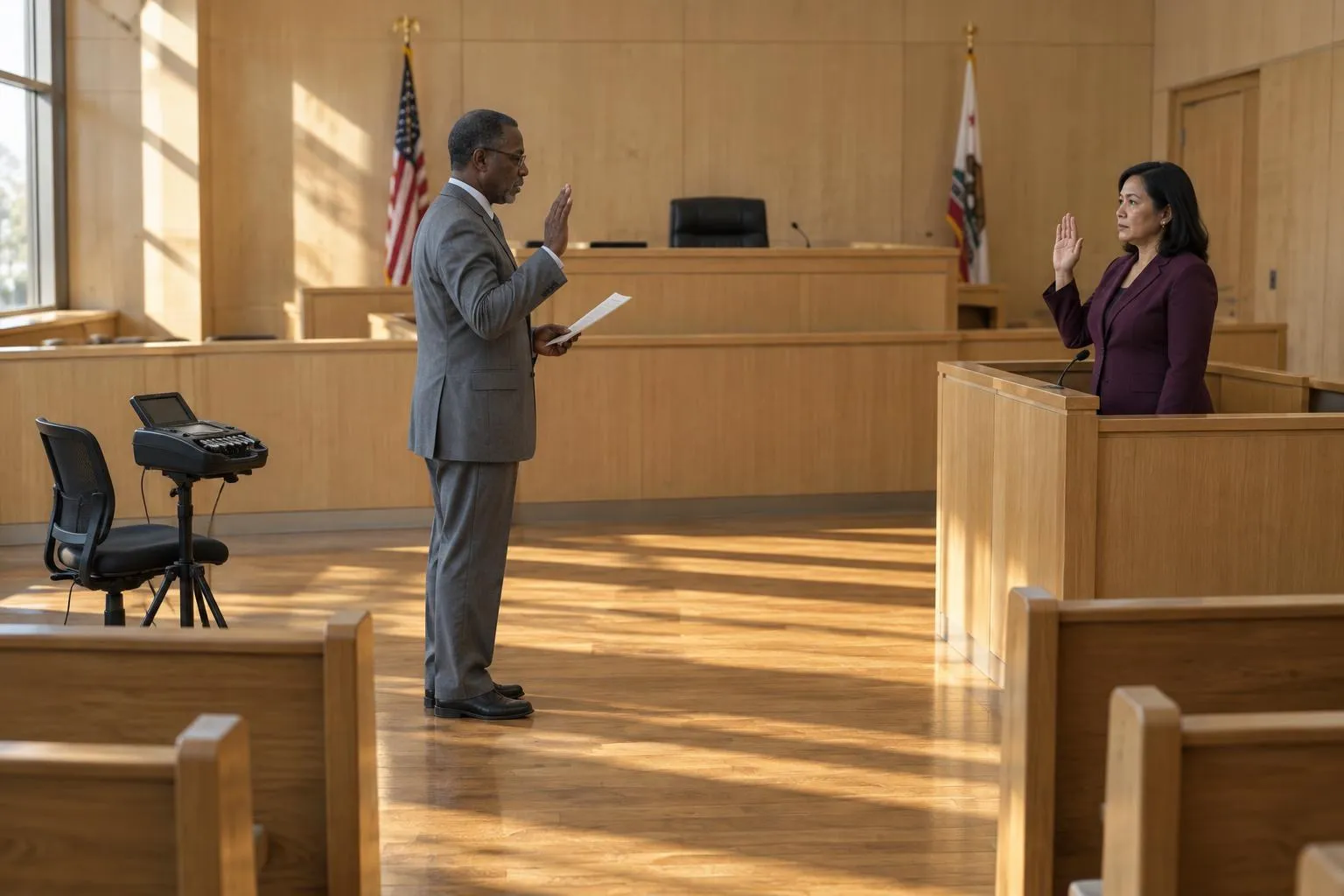 A court reporter stands in a sunlit courtroom witness box, hand raised to be sworn, her stenotype idle on its tripod nearby.