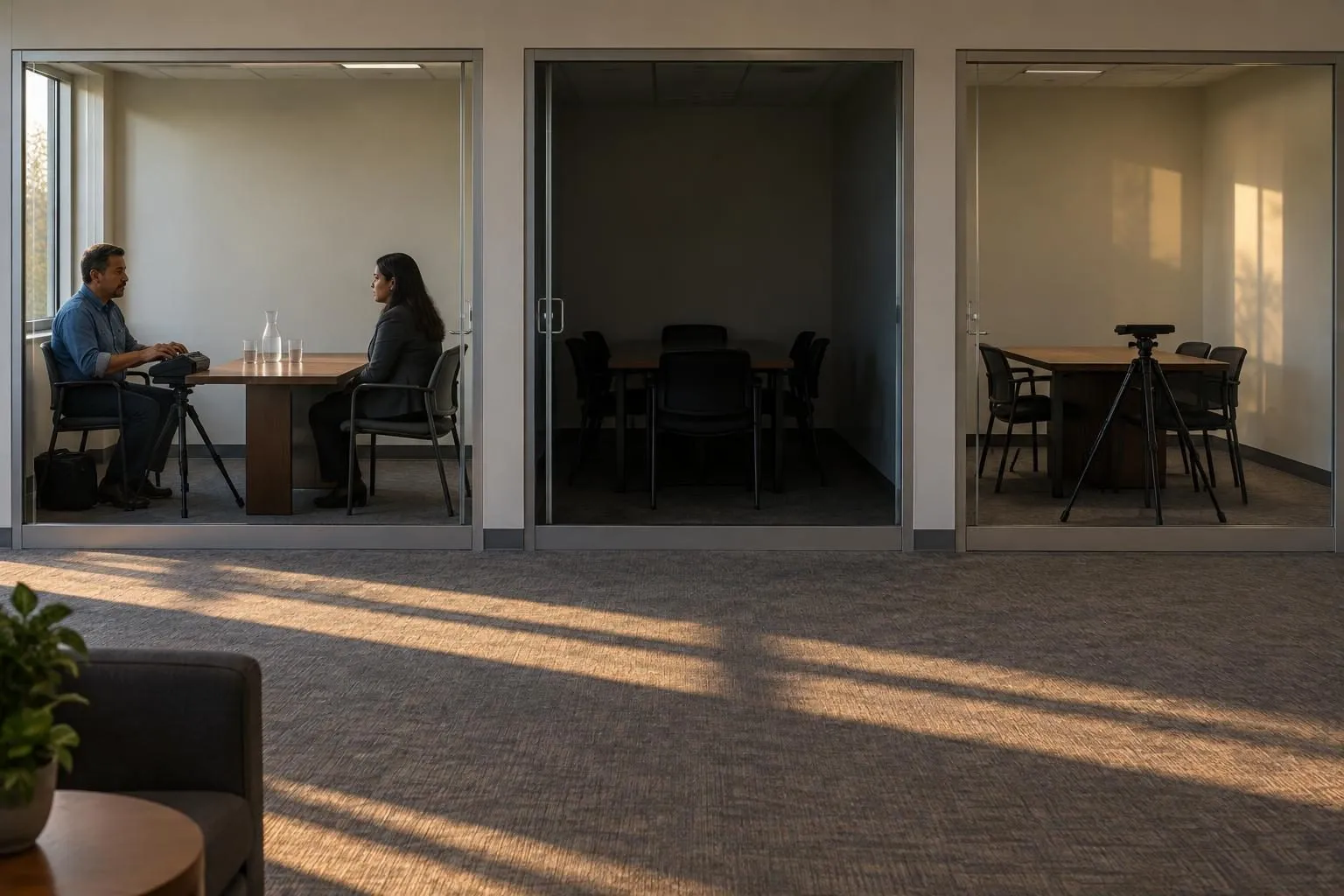 A court reporter types at his stenotype in a glass-walled room while the room beside it holds only an empty tripod.