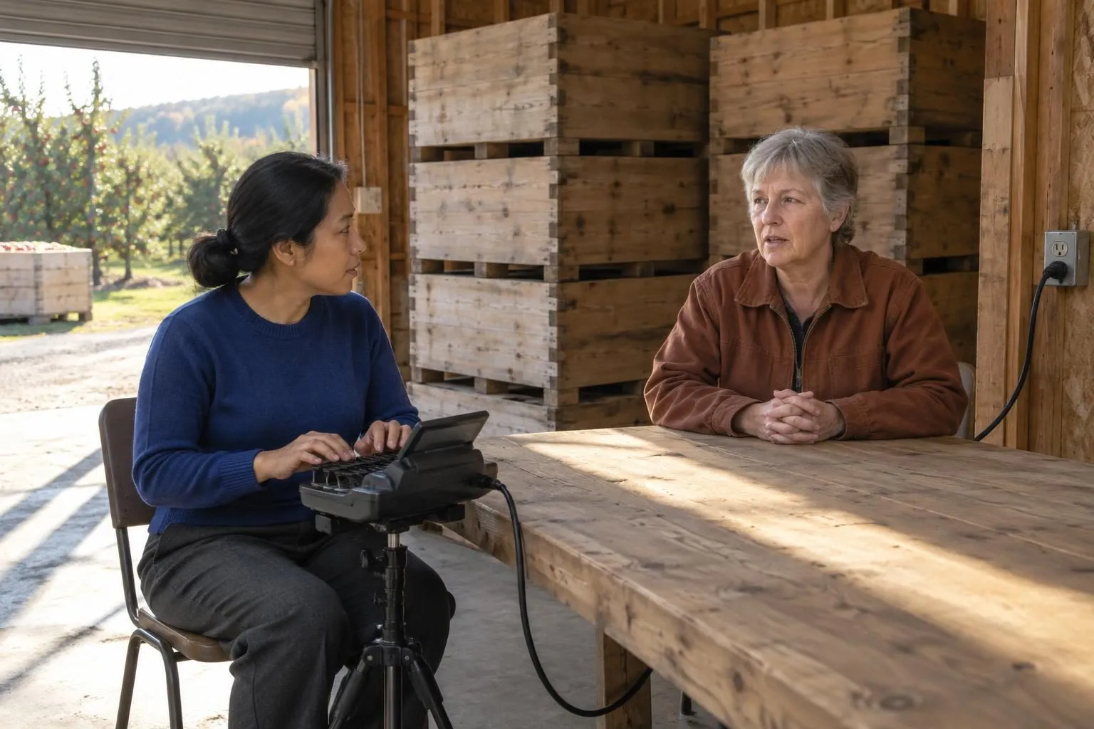 A court reporter types on a stenotype machine across a plank table from a witness in a sunlit orchard packing shed.
